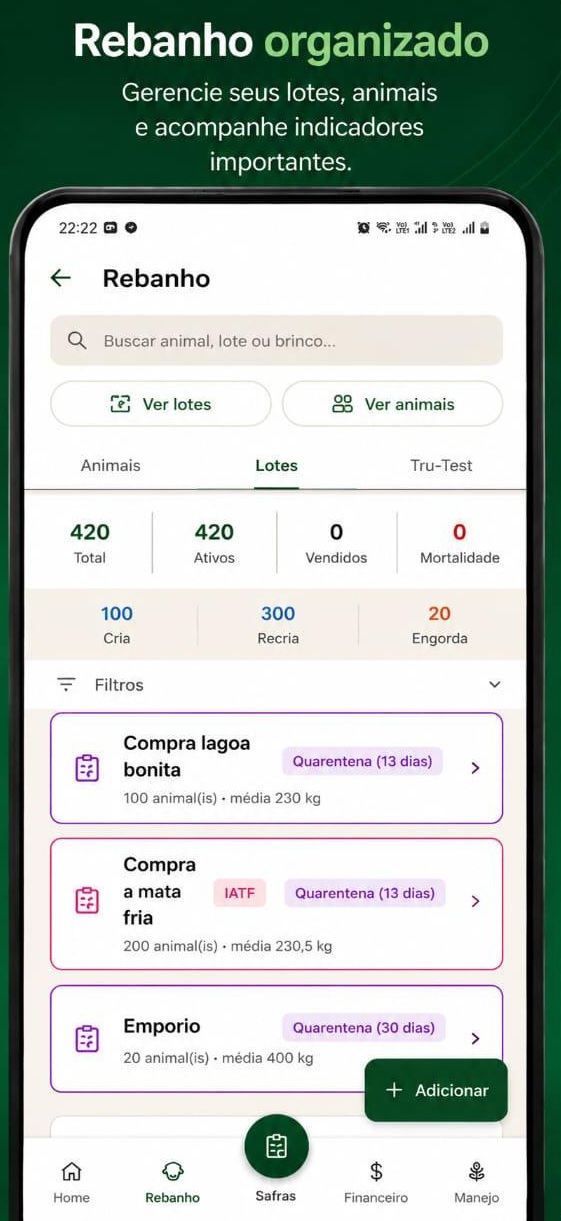 Lotes e animais organizados no app