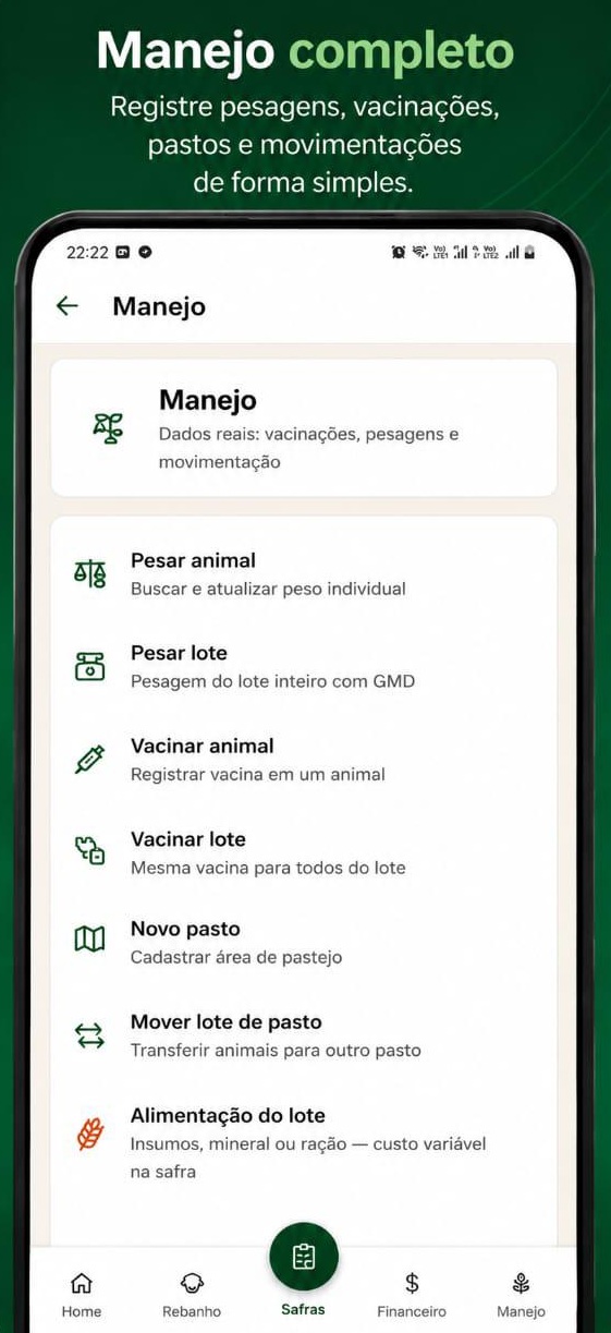 Tela de manejo: pesagem, vacinação e pastos