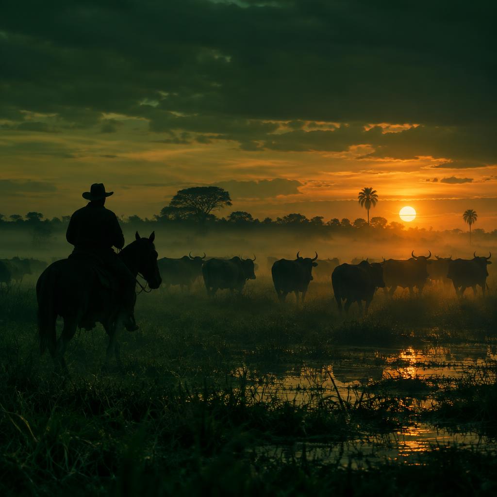 Comitiva conduzindo o gado ao amanhecer
